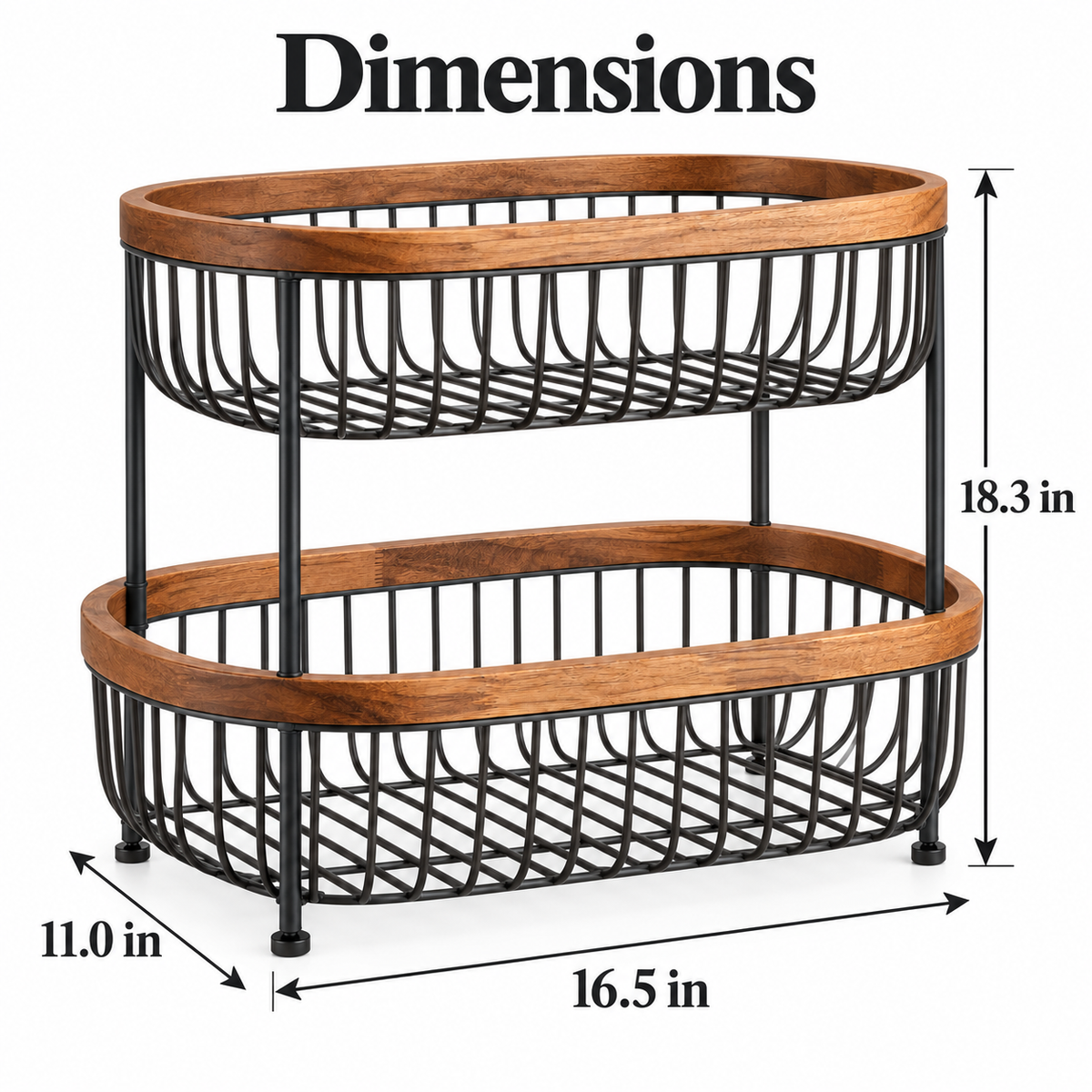 Hearthwell Stackable Two-Tier Fruit Basket with Acacia Wood Rims