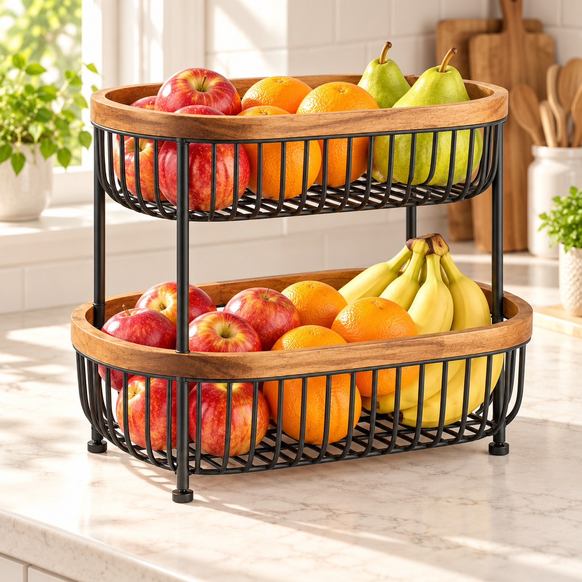 Hearthwell Stackable Two-Tier Fruit Basket with Acacia Wood Rims