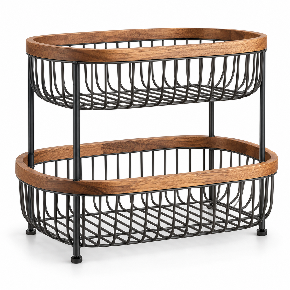 Hearthwell Stackable Two-Tier Fruit Basket with Acacia Wood Rims