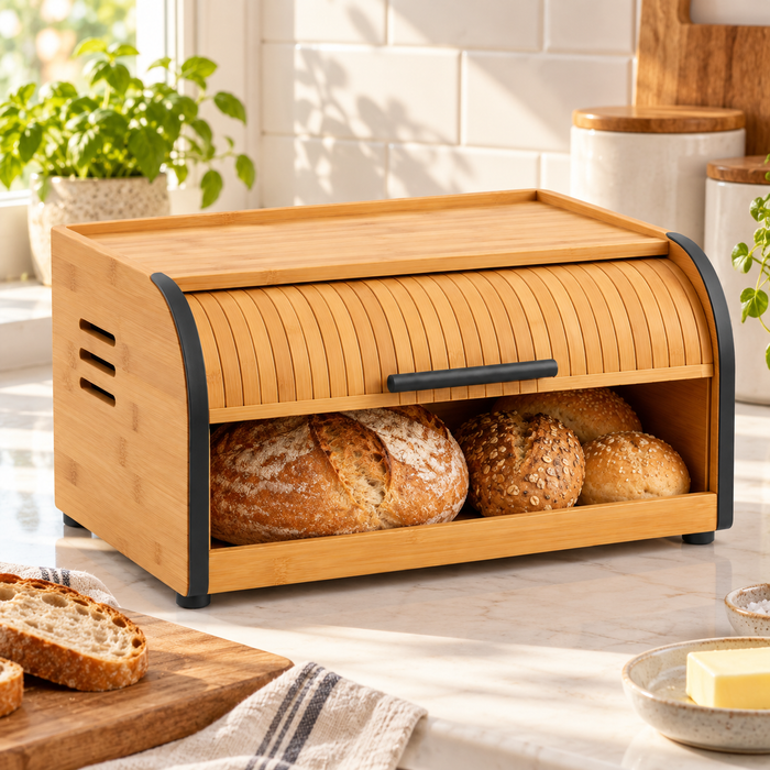 Hearthwell Bamboo Roll-Top Bread Box with Ventilation Slots
