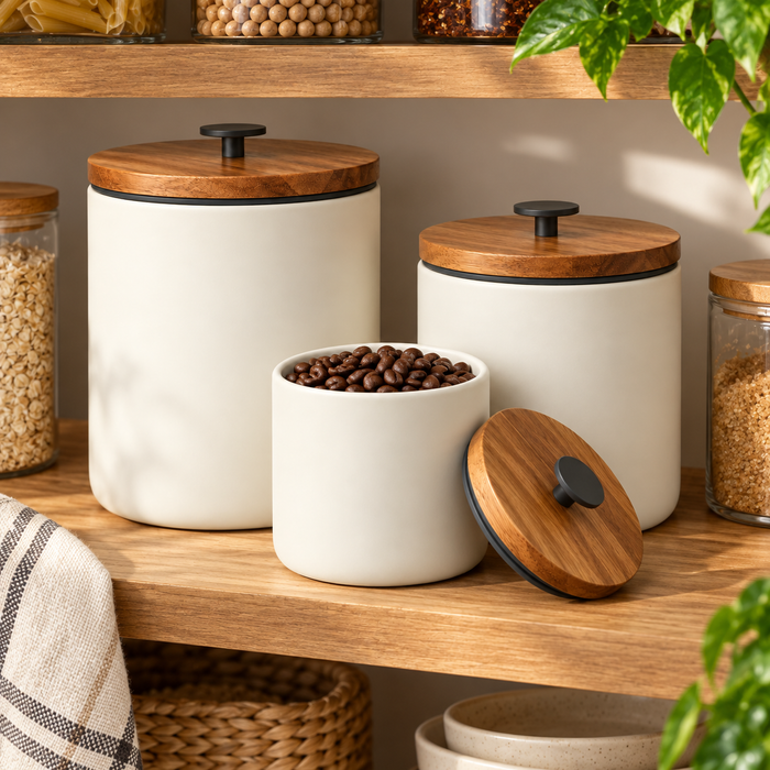 Hearthwell Ceramic Kitchen Canister Set with Acacia Wood Lids — Set of 3