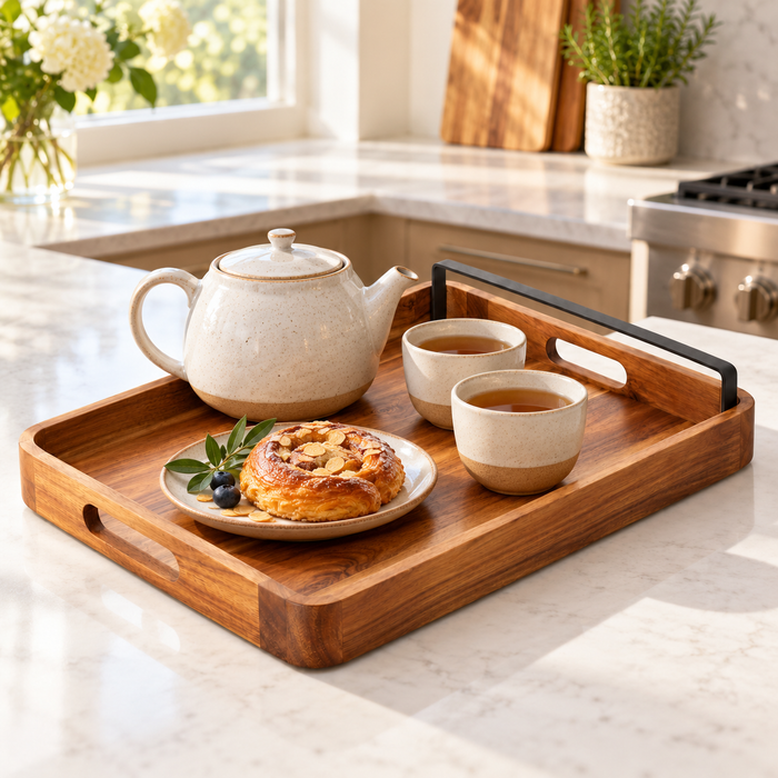 Hearthwell Acacia Wood Serving Tray with Metal Handles
