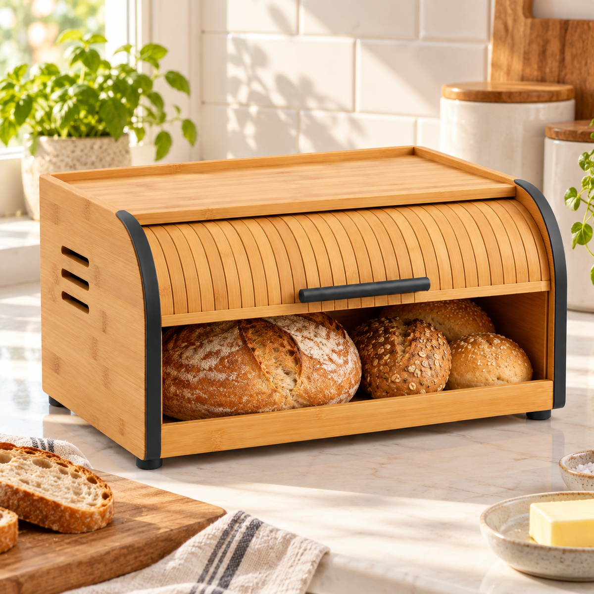 Hearthwell Bamboo Roll-Top Bread Box with Ventilation Slots